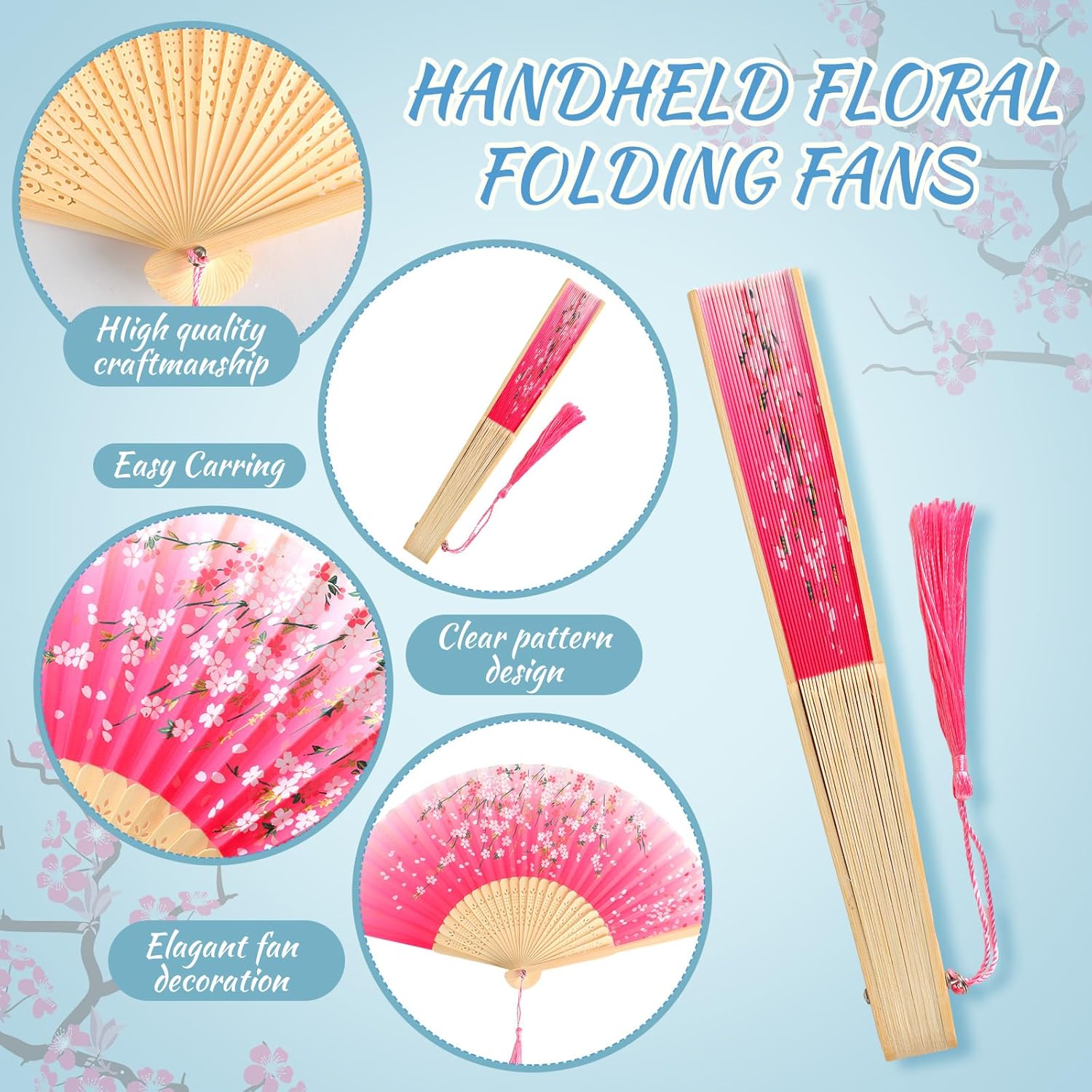 Zonon 4 Pack Handheld Floral Folding Fans Hand Held Silk Bamboo Fans with Tassel Women Hollowed Hand Foldable Fan with Fabric Sleeve for Dancing Wedding Decoration Gifts(Chic)